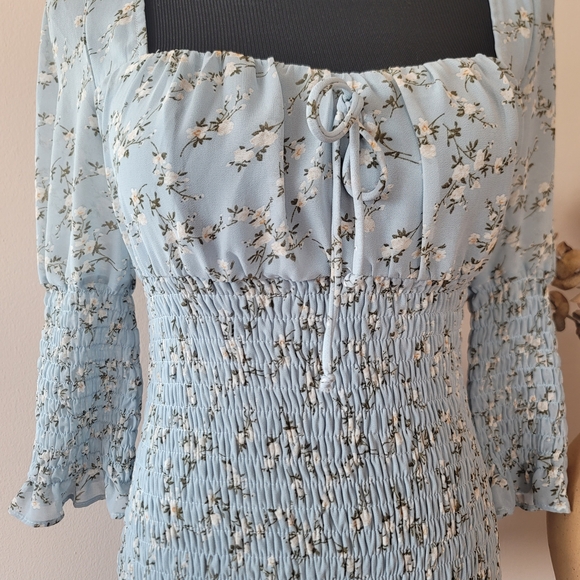 Cottagecore Light Blue Ditsy Floral Smocked Midi Dress Prairie Milkmaid Sz S - Picture 6 of 8